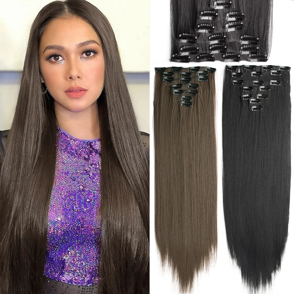 Natural Synthetic Extension 16 Clips 7Pcs/Set Straight Hair Heat Resistant Fiber For Women Ombre Blonde Black Dark Brown