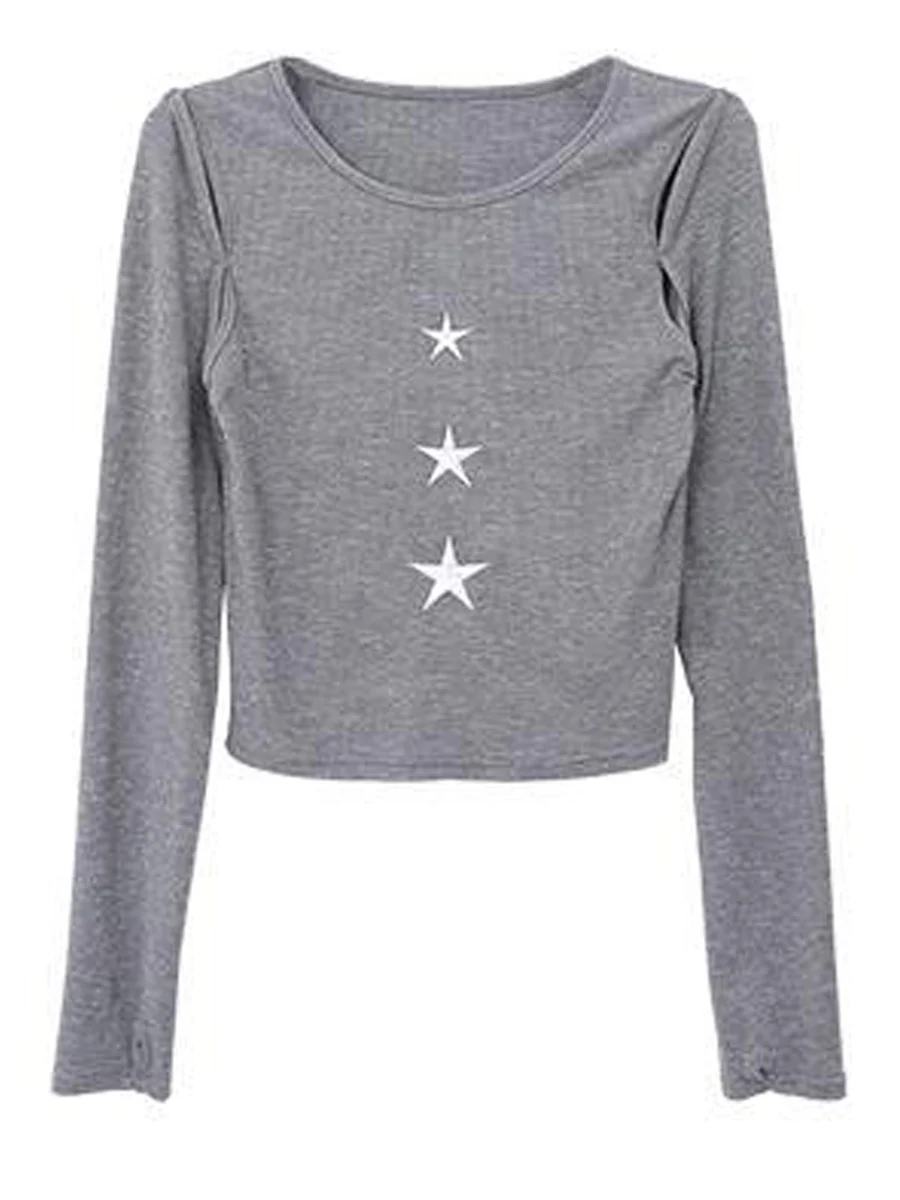 

Women Star Printed Short Tops Long Sleeve Round Neck Retro Casual T-shirt