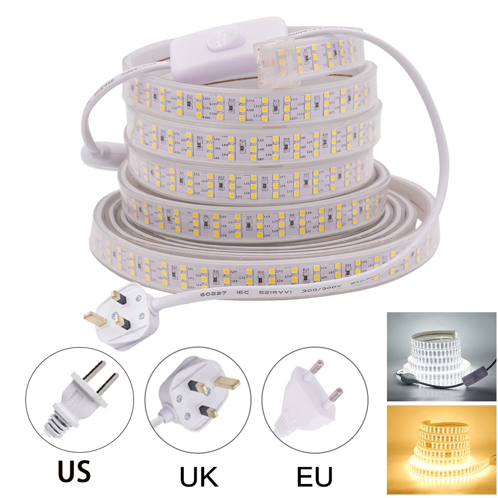 

SMD 2835 276 LEDs/m LED Strip with Switch 220V EU UK Plug Waterproof Three Row Flexible Ribbon Tape LED Light Strip 110V US Plug