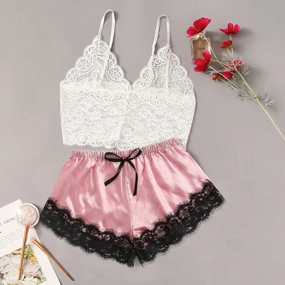 

Sexy Lingerie Underwear Suits Womens Satin Silk Solid Lace Breathable Vest Camisole Top Panties Set Pyjamas Set Sleepwear