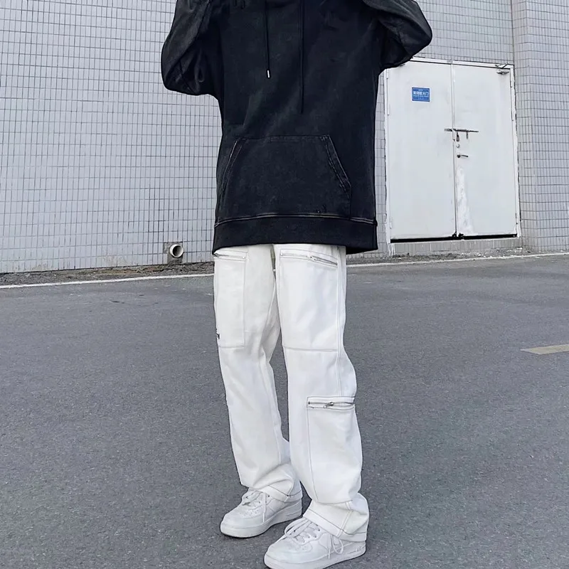 2022 Ropa Zipper Multiple Pockets White Cargo Jeans For Men Clothing Baggy Casual Tracksuit Pants Drawstring Sweatpants Pantalon