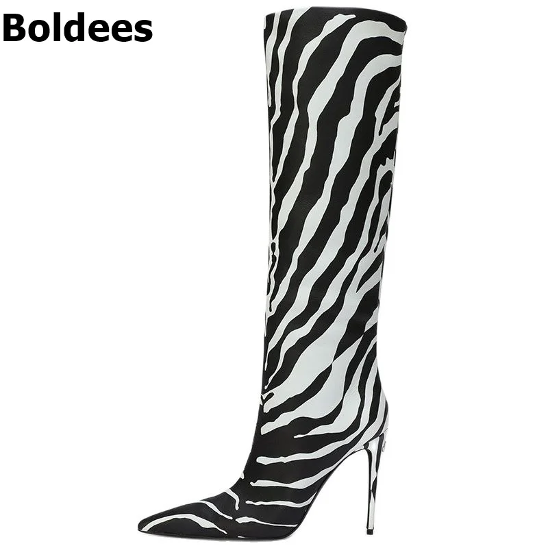 Купи Zebra Stripe Printed Pattern Thin High Heel Boots Women Pointed Toe Knee High Long Boots Plus size за 4,428 рублей в магазине AliExpress
