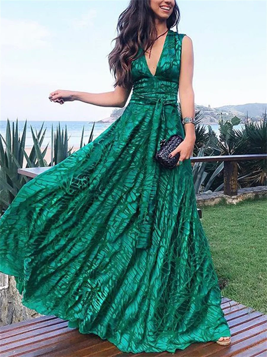 

Women Green Elegant Printing Evening Maxi Dresses Deep V-neck Sexy Vacation Party Gown Pleated High Waist Lace up Swing Dress