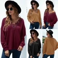 2022 autumn and winter new lace v neck stitching solid color long sleeved top