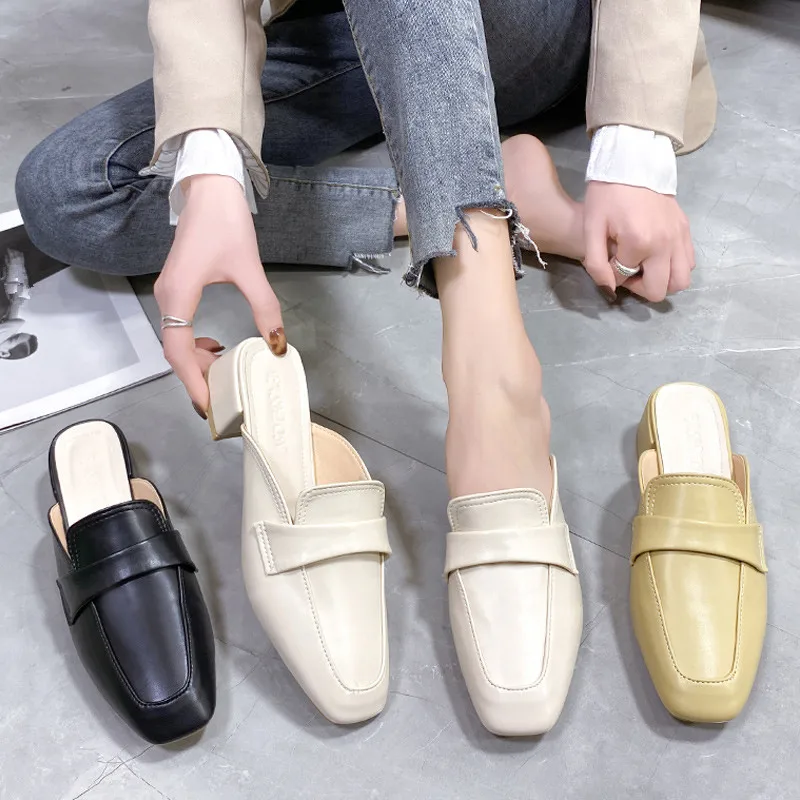 

Female Shoes House Slippers Platform Mules For Women 2022 Cover Toe Luxury Slides Square heel Med New Designer Block PU Hoof Hee