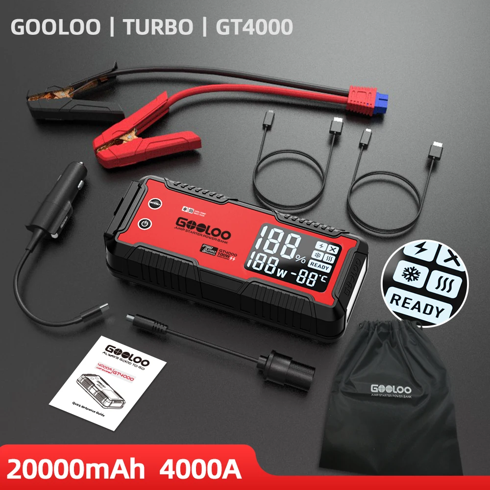

Портативное зарядное устройство GOOLOO 4000A 12V, внешний аккумулятор-бустер 24000 мАч, автомобильное пусковое устройство, быстрая зарядка PD100W, портативный внешний аккумулятор