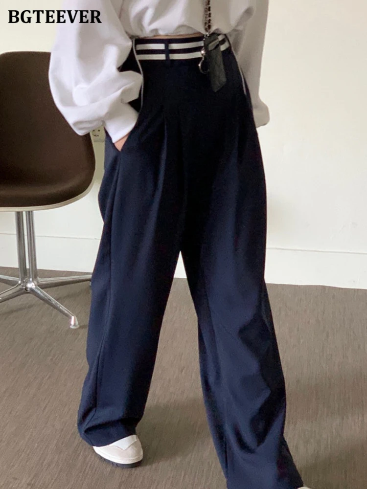 

BGTEEVER Spring Summer Fashion High Waist Ladies Straight Suit Pants Elegant Loose Pockets Female Wide Leg Trousers 2023