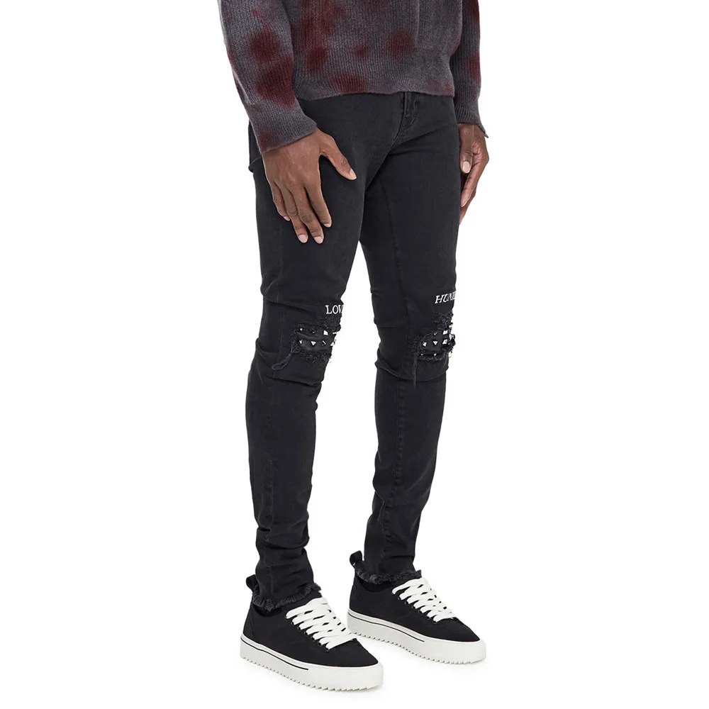 Fashion Ripped Retro Rivet Men'S Jeans Elastic Men'S Jeans Size 29-36 Slim Fit Pants High Street Wear Black Pencil Jeans For Men
