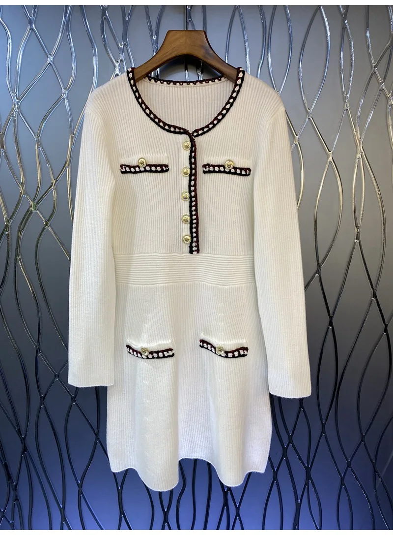

High Quality Knitted Dress 2022 Autumn Winter Style Women Color Block Knitting Long Sleeve Casual White Black Long Sweater Dress