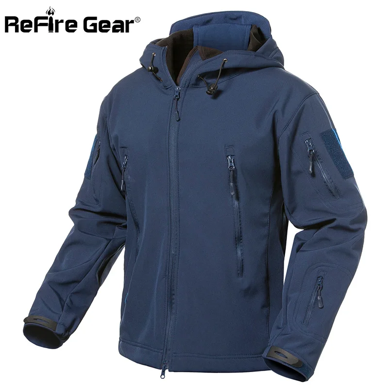 

ReFire Gear Navy Blue Soft Shell Military Jacket Men Waterproof Army Jacket Coat Winter Warm Flce Hooded Windbreaker
