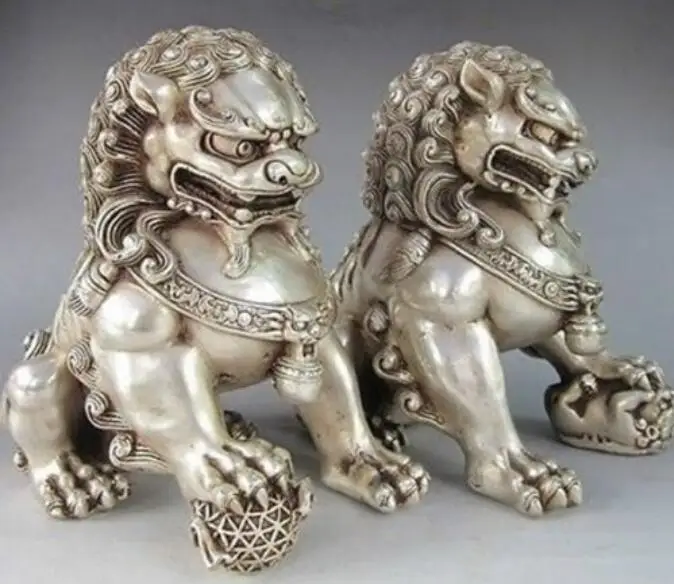 

Copper Statue 12*12cm Chinese Silver Guardian Lion Foo Fu Dog Statue Pair