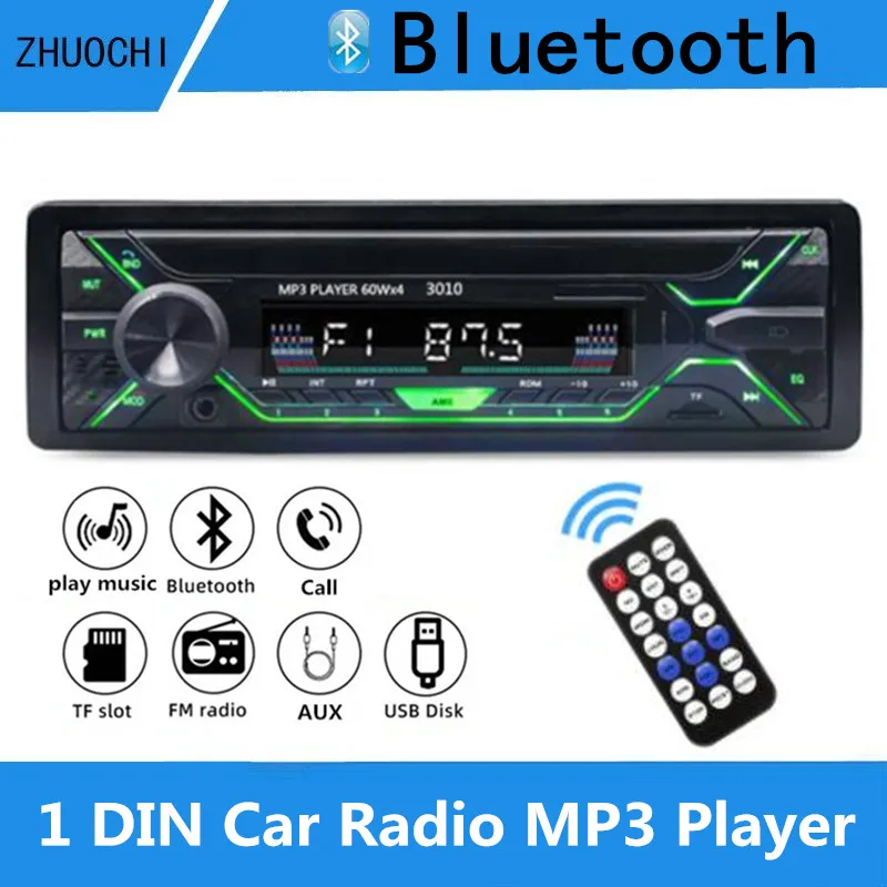Car Radio 1din Stereo Bluetooth MP3 Player FM Audio Receiver 60Wx4 With Colorful Lights AUX/USB/TF Card In Dash Kit
