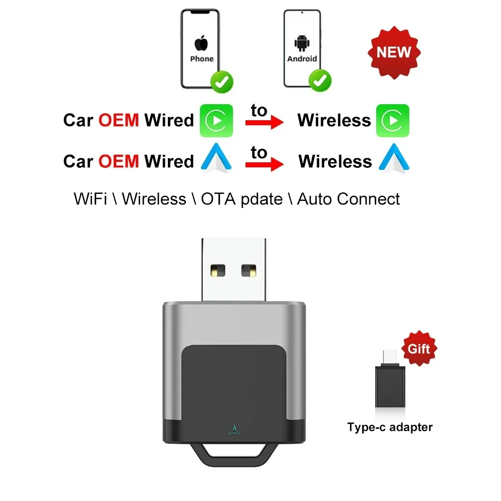 

Беспроводной Адаптер Carplay Android Auto 2-в-1, USB, Plug And Play
