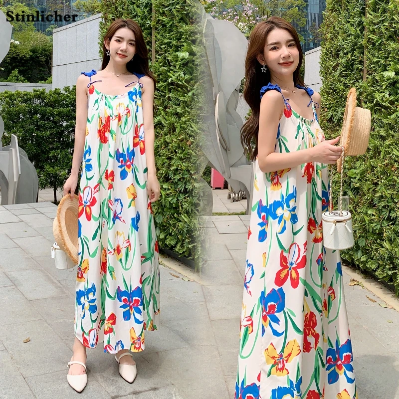 

Summer Women Dresses Boho Sleeveless Backless Loose Holiday Beach Long Spaghetti Strap Dress Female Robe Vestidos