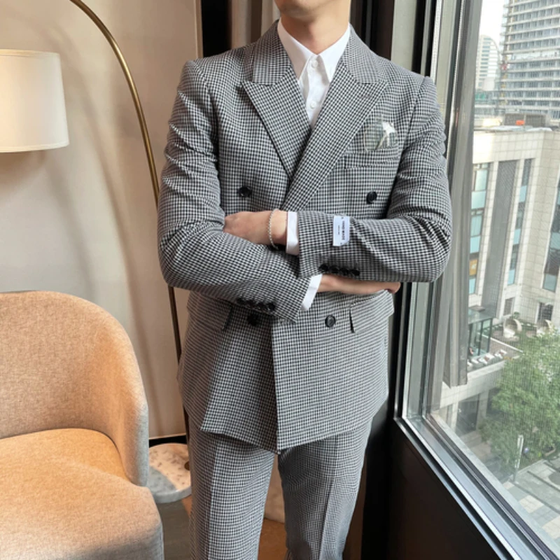 

Lastest Houndstooth Formal Men's Suits Double Breasted Casual Business Costume Homme 2 Pieces Groom Tuxedos for Wedding Party