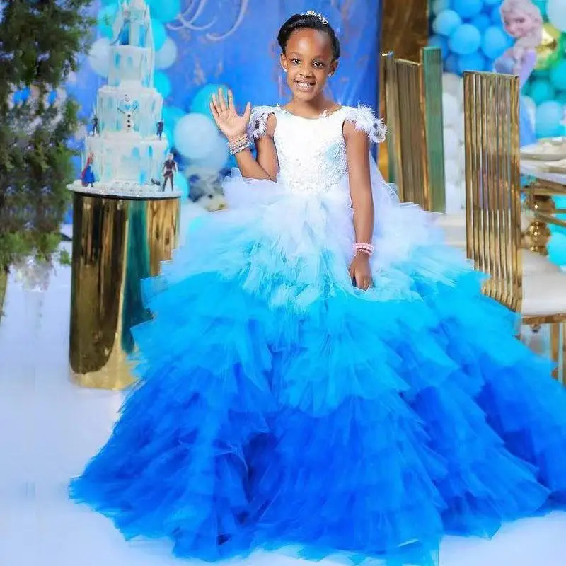 

White And Blue Coloful Tiered Flower Girls Dresses Puffy Tulle Ruffles Skirt Kids Birthday Party Feather Child Pageant Gowns