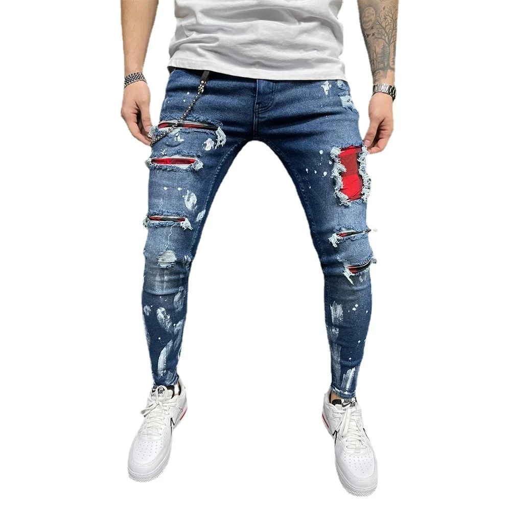 

Men Trousers Casual Thin Denim Pants Classic Cowboys Young Man Jogging Pants Men's Broken Hole Embroidered Pencil Jeans Slim