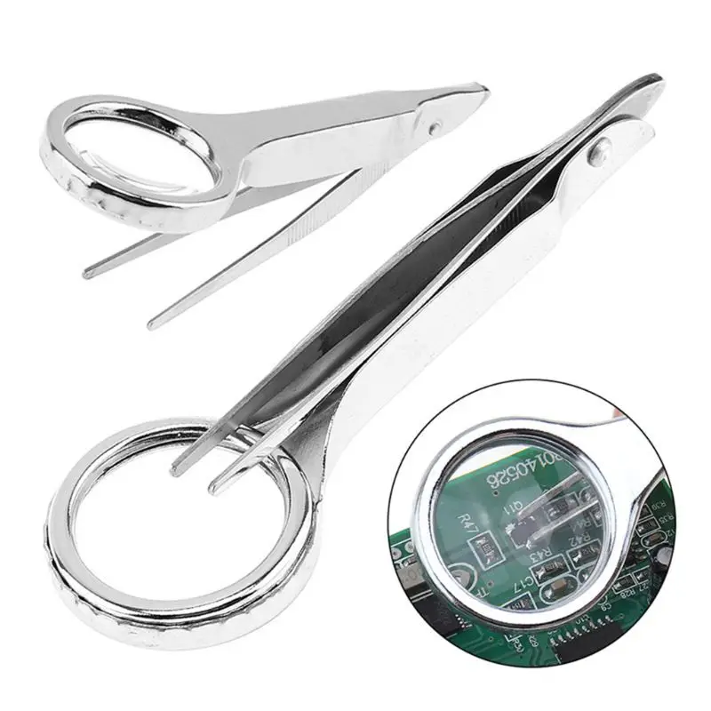 

10X Handheld Tweezers Glass Portable Stainless Steel Magnifier Tweezers Loupe Optical DropShipping