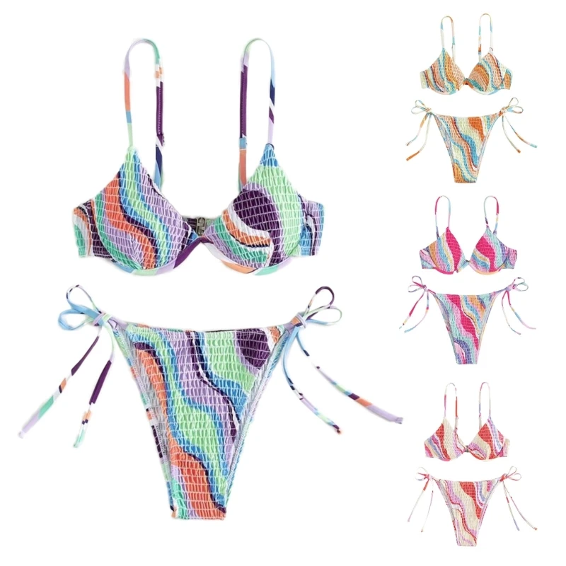 

Women Sexy Printing Bikinis Adjustable Straps Swimsuit High Cut Pleated Swimwear