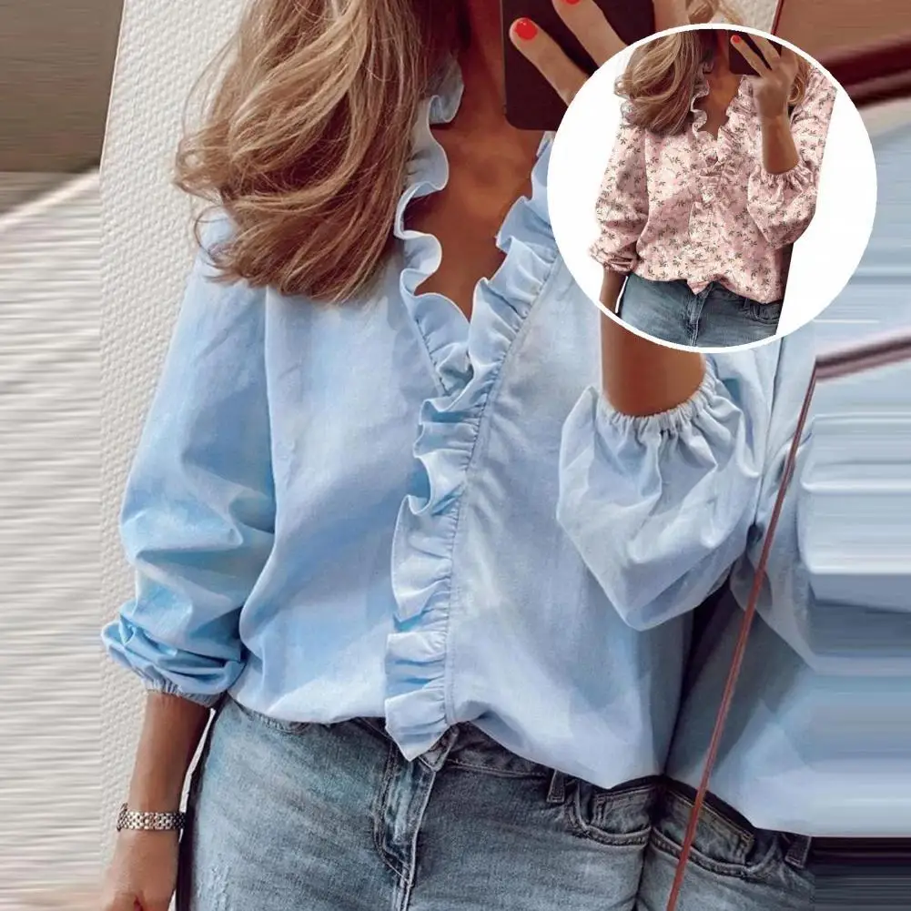 

Stylish Casual Shirt Simple Breathable Lightweight Ruffle Edge Print Sweet Shirt