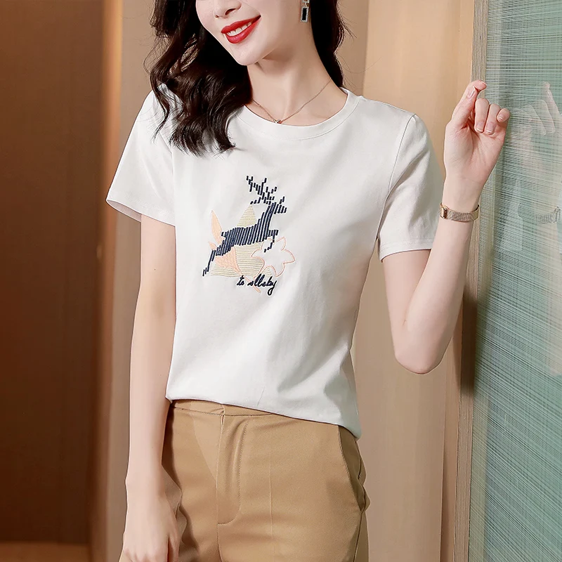 

Silk Cotton Women's T-shirt Summer 2023 New Printed Loose Tees Short Sleeves Patchwork Ladies Tops O-neck Clothing YCMYUNYAN