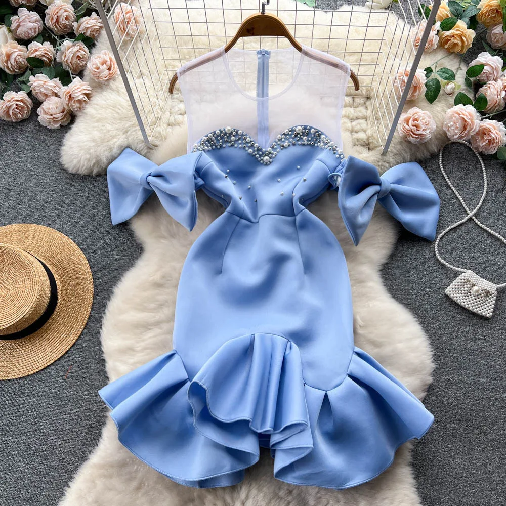 

2023 Summer Premium Heavy Duty Studded Bow Tie Mesh Dress Women's Waist Wrapped First Love Wrapped Hip Fish Tail Fairy Dress