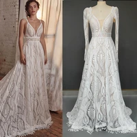 spaghetti straps lace wedding dress with long sleeve bolero backless custom made v neck destination a line romantic bridal gown