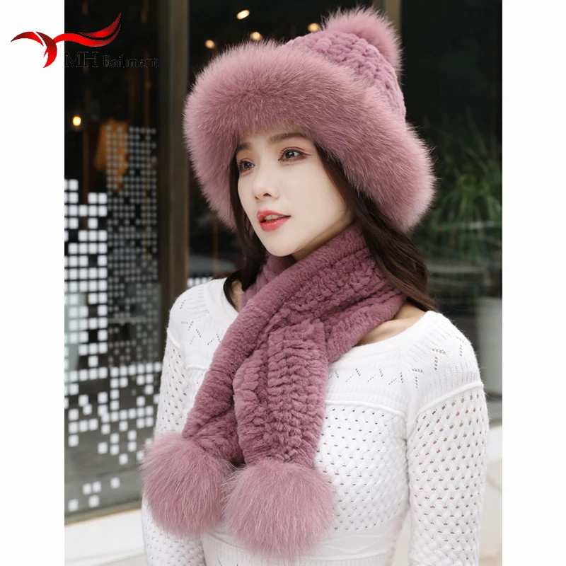 Hat Women Winter New Fashion Ladies Natural Rex Rabbit Fur Fox Fur Christmas Hat Warm Ear Protection Fur Hat Scarf Set