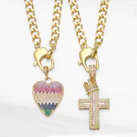 Hip Hop Rainbow CZ Heart Gold Plated Thick Chain Necklace Men Christian For Women Crown Cross Pendant Choker Zircon Jewelry Gift