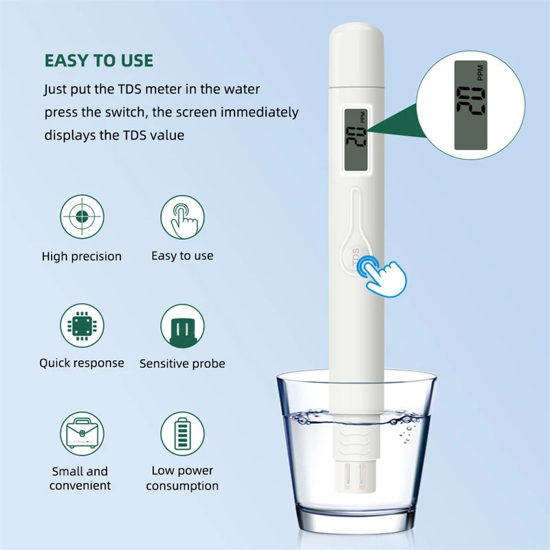 

Mini TDS Meter Digital Water Quality Purity Tester 0-9990 PPM Testing Pen Measure Monitor for Laboratory Aquarium Swimming Pool