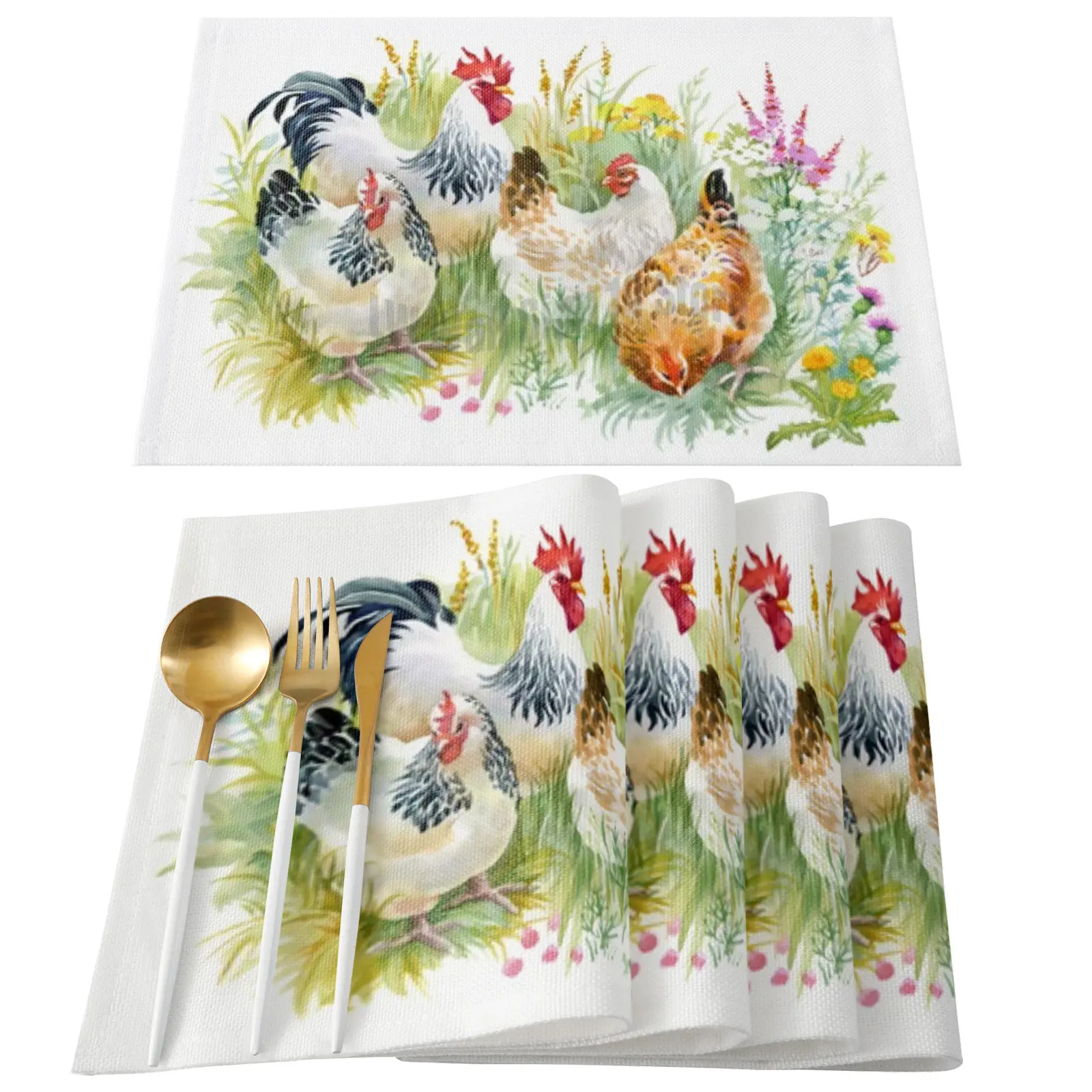 

4/6 Pcs Placemat Chicken On The Grass Table Mat For Dining Table Kitchen Accessories Coffee Tea Coaster