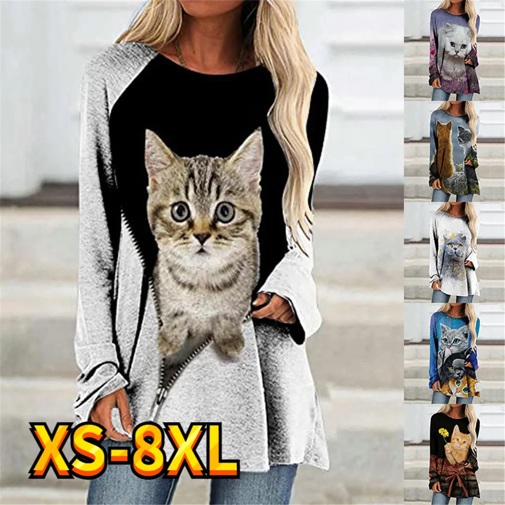 

Women's T shirt Tee Cute Cat Painting Funny Print Weekend Streetwear Sweatshirt Long Sleeve Round Neck Basic Essential XS-8XL