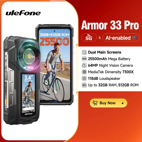 Ulefone Armor 33 Pro 5G —Прочный телефон, 25500 мАч, 512 ГБ ПЗУ, 120 Гц, двумя экранами, NFC, Android Смартфон, MTK Dimensity 7300X Защищенный телефон