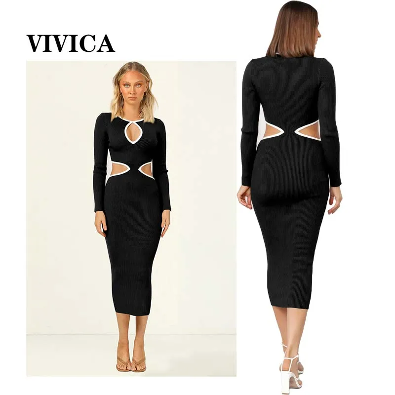

Fashion New Ribbed Sexy Hollowed-out Long-sleeved Tight Dress High-quality Temperament Package Hip Midi Skirt