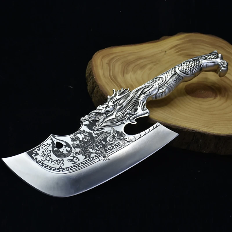 

Longquan Kitchen Knives Handmade Forged Sharp Butcher Chop Big Bone Hatchet Machete Beautiful Knife With Patterns Cooking Tools