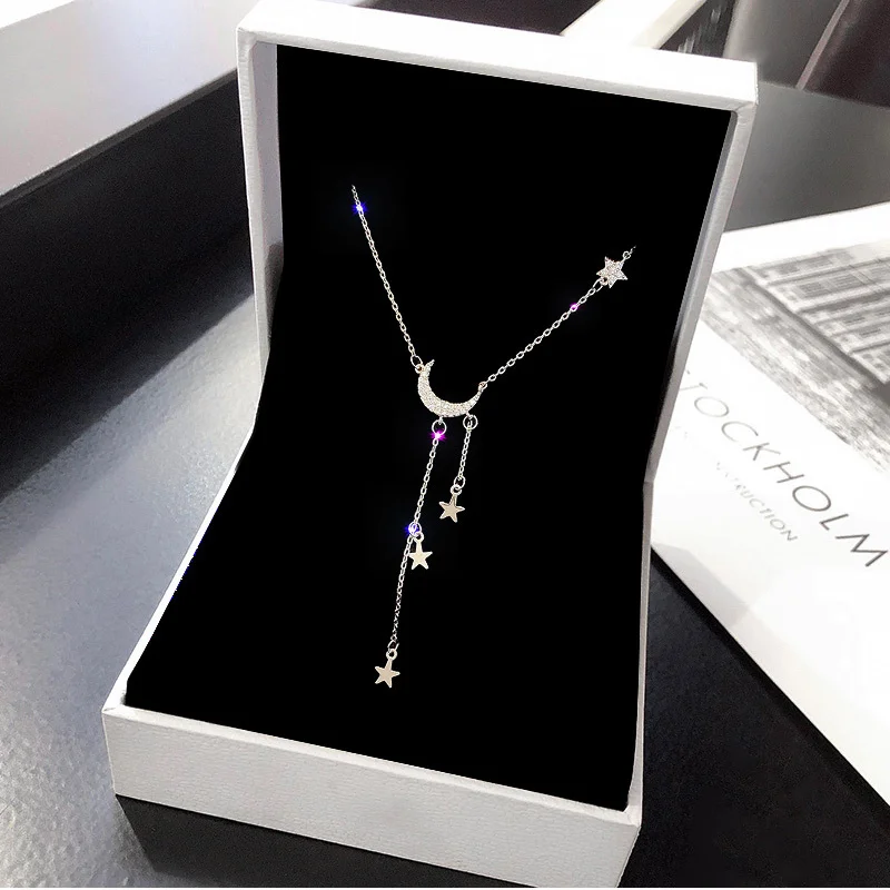 

OGDA Titanium Steel Necklace Moon Pendant Star Tassel Collar Necklace Women's Sexy Clavicle Chain Fashion Simple Jewelry Gifts