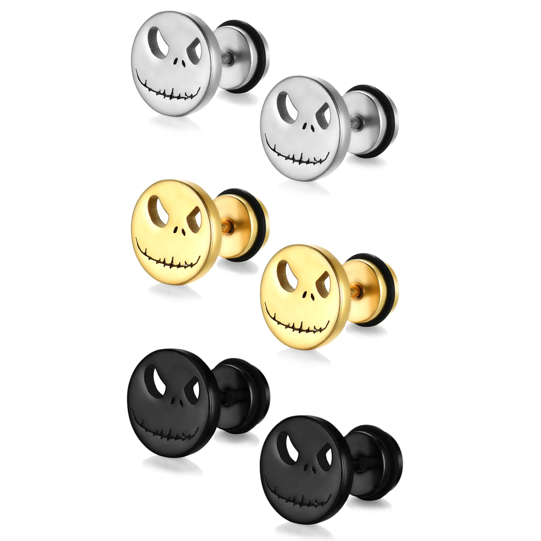 Gothic Punk 2pcs Skull Ear Stud Earrings Stainless Steel Pierced Men Women Halloween Pumpkin Skull Face