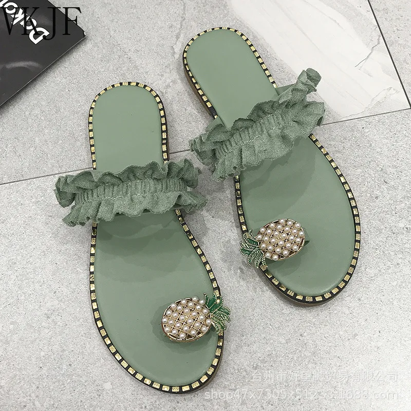 

Women Slipper Pineapple Pearl Flat Toe Bohemian Casual Shoes Beach Sandals Ladies Shoes Platform Sandalias 2022