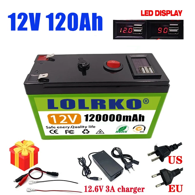 

12V Battery 120Ah 18650 lithium battery pack Rechargeable battery for solar energy electric vehicle battery+12.6v3A charger