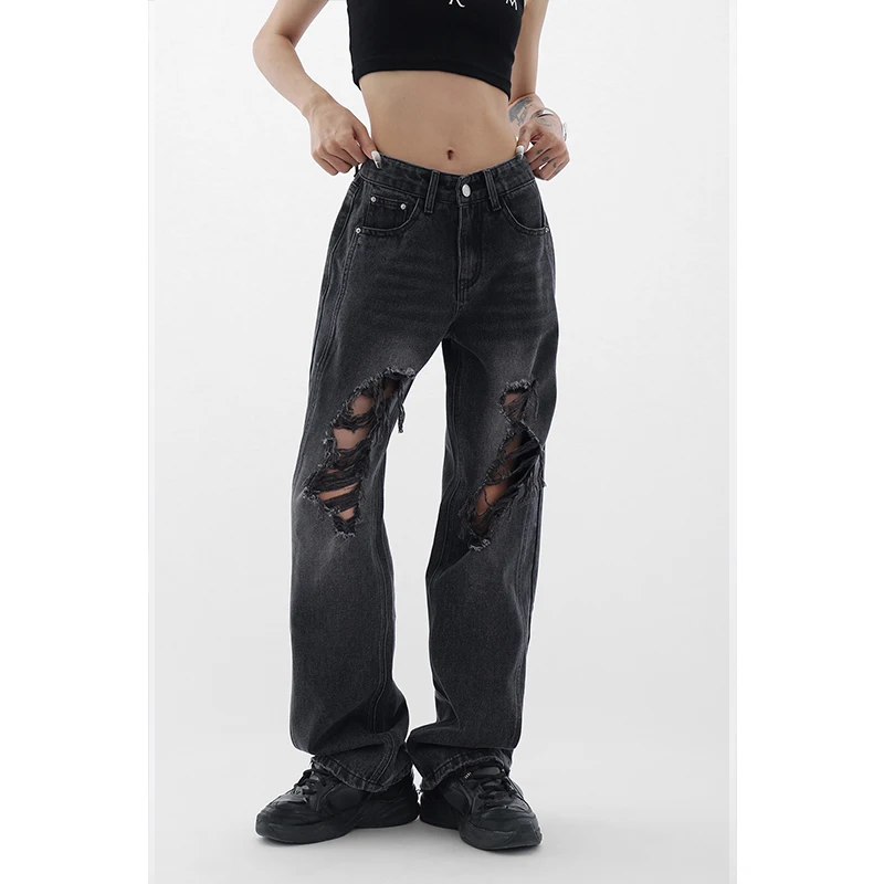 

Summer Black Vintage High Waist Straight Jeans Fashion Burrs Ripped Wide Leg Pants High Street Thin Baggy Mopping Denim Trouser