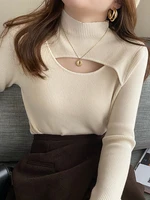 sexy hollow out black sweater women 2022 autumn winter clothes slim turtleneck pullovers woman long sleeve korean knitted tops