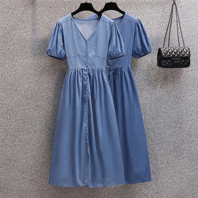 

M-4XL Large Size Summer Denim Dress Elegant Women V Neck Single Breasted Short Sleeve Ladies Soft Thin Loose Midi Dress Vestidos