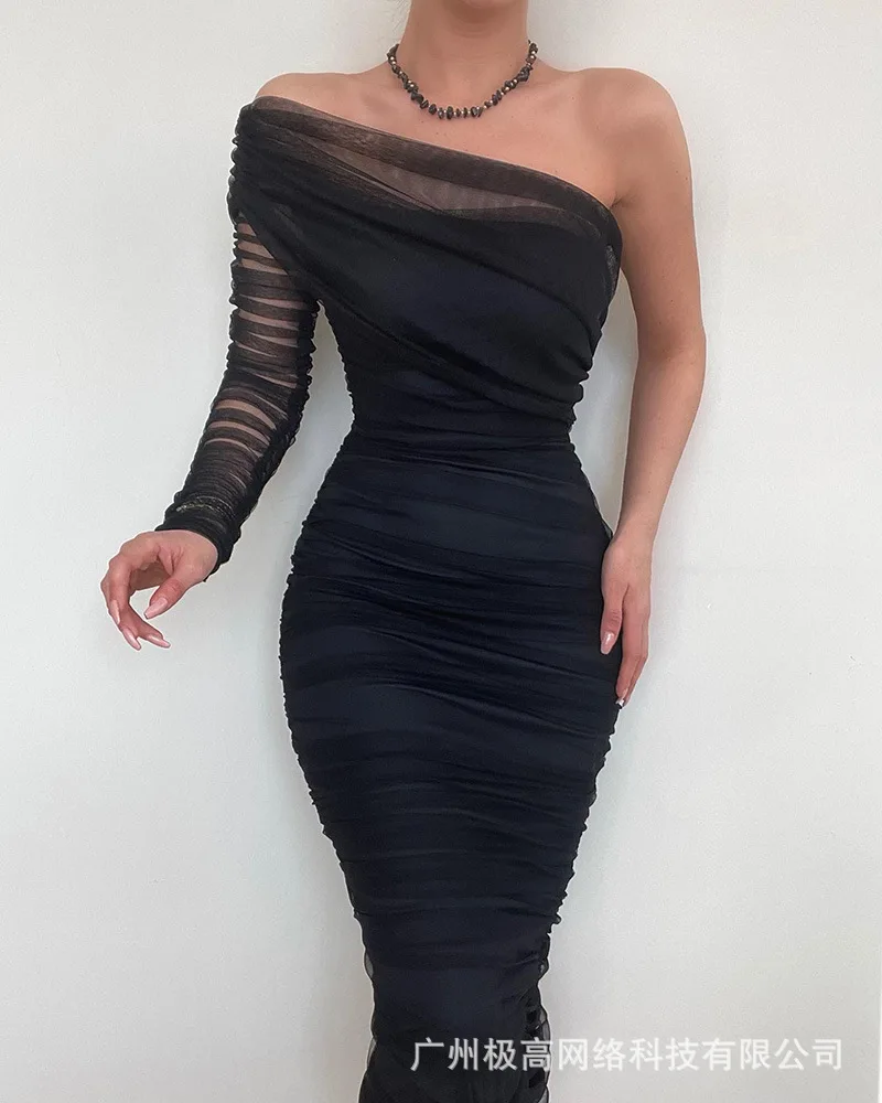 

Mesh Evening Dress Women Evening Party High Waist One Shoulder Ruched Sheer Slim Sexy Dress Slash Neck Sexy