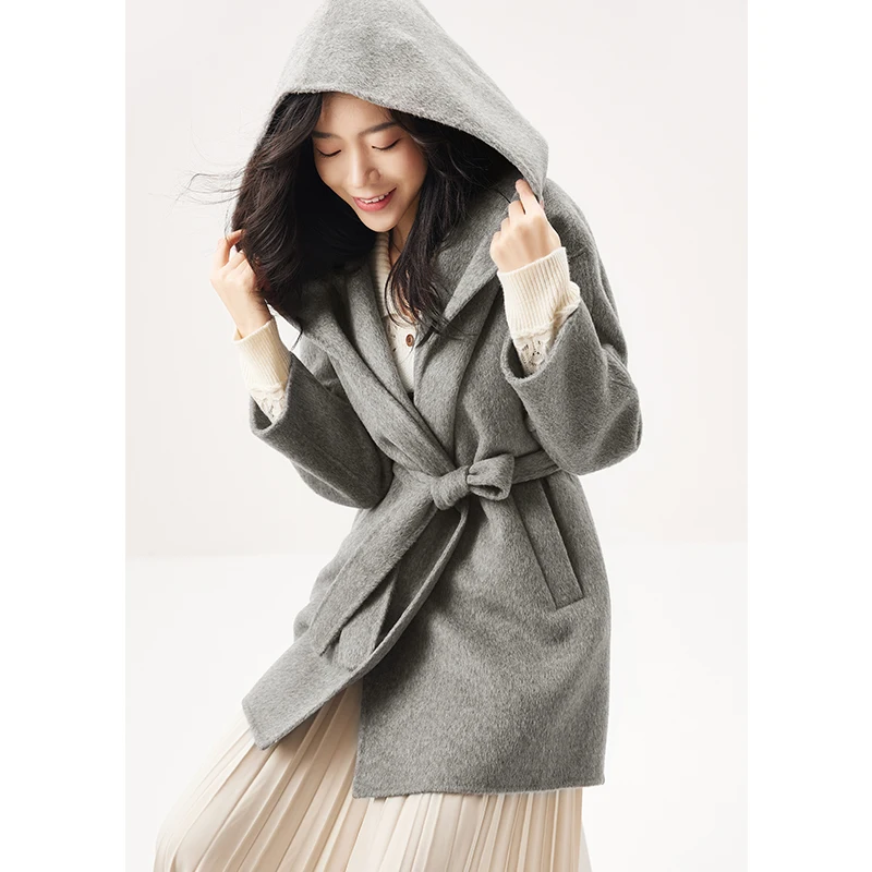 

High Quality 100% Wool Coats and Jackets Women Adjustable Waist Casual Autumn/Winter Hooded Belt Wide-waisted Long Coat Women
