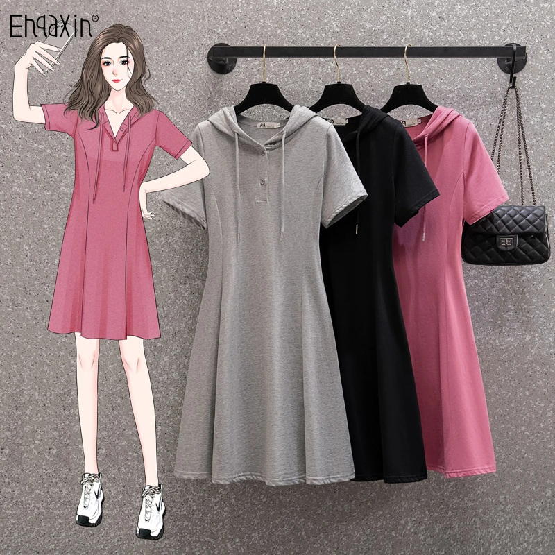 EHQAXIN Summer New Womens Dress 2022 Casual Hooded Short Sleeve Buttons A-Line Pullover Dresses For Female L-4XL