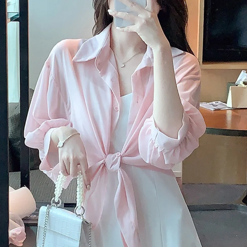 

Casual Solid Shirts Outwear Women Tops 2023 Chiffon Blouse Female Office Lady V-neck Button Loose Clothing New Chic 26969