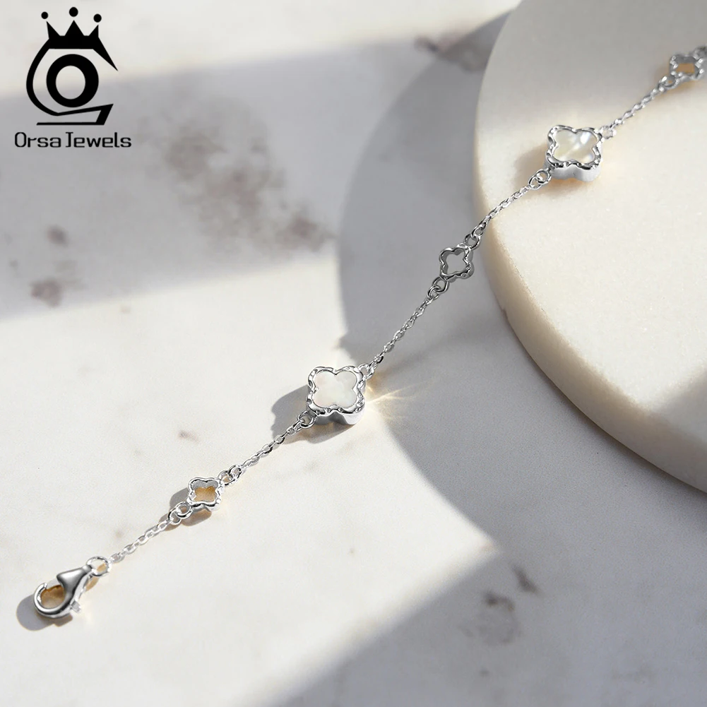 ORSA JEWELS Браслет из стерлингового серебра 925 пробы с белой ракушкой четырехлистный
