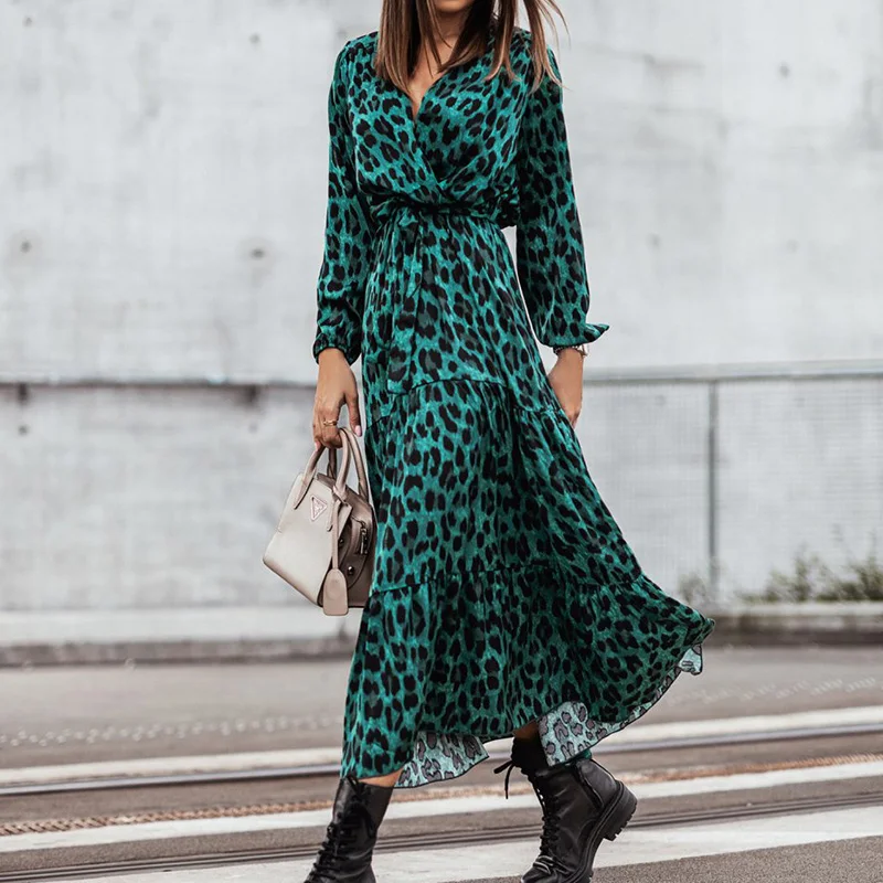 

Elegant Leopard Print Green Long Dresses Autumn Long Sleeve V Neck High Waist Loose Casual Maxi Dress Party vestido feminino