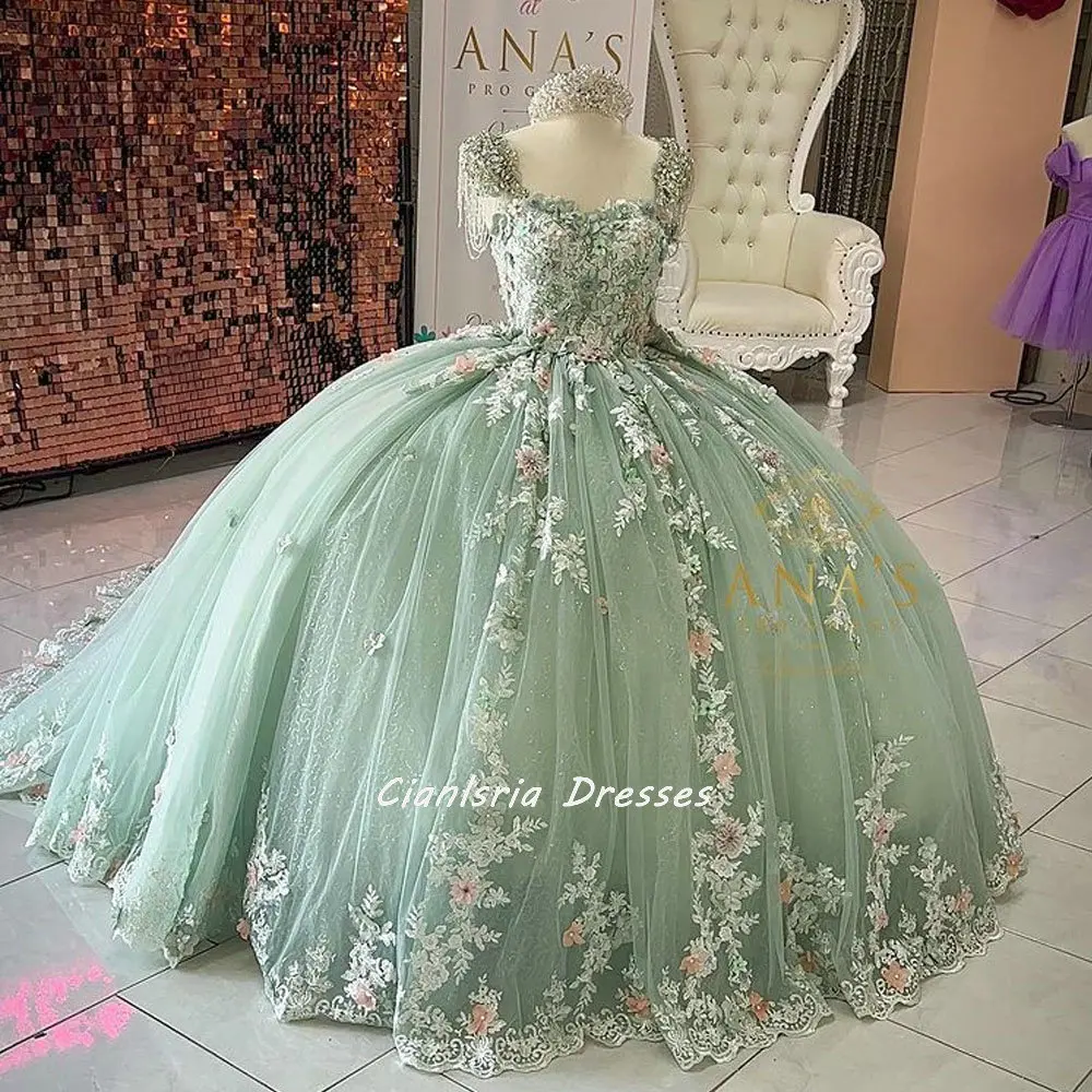 

Мятно-зеленый корсет с бисером и кисточками, платье для Quinceanera со шнуровкой и открытыми плечами, корсет с 3D цветочной аппликацией, милый 15 ле...
