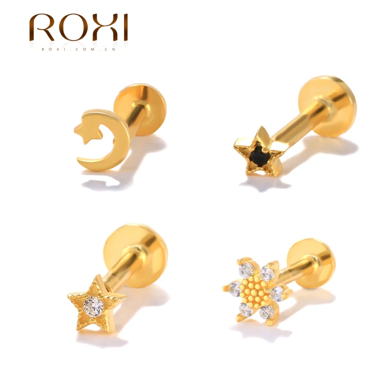 

ROXI 1Pairs Star/Moon Zircons Stud Earrings For Women 925 Sterling Silver Piercing Earring Jewelry Ins Pendientes Plata 925